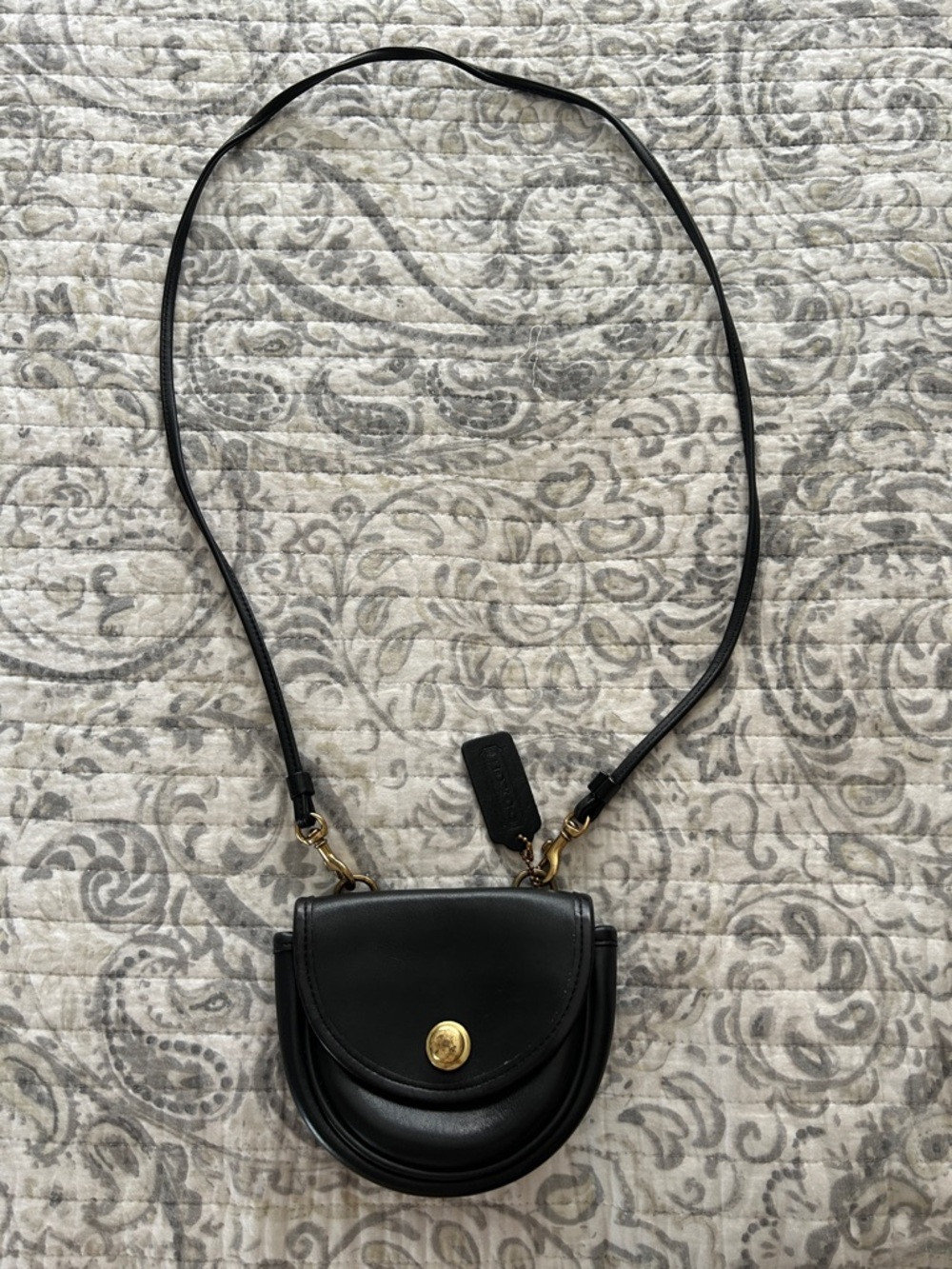 Vintage Coach Black Leather Crossbody Mini Bag with Brass Hardware